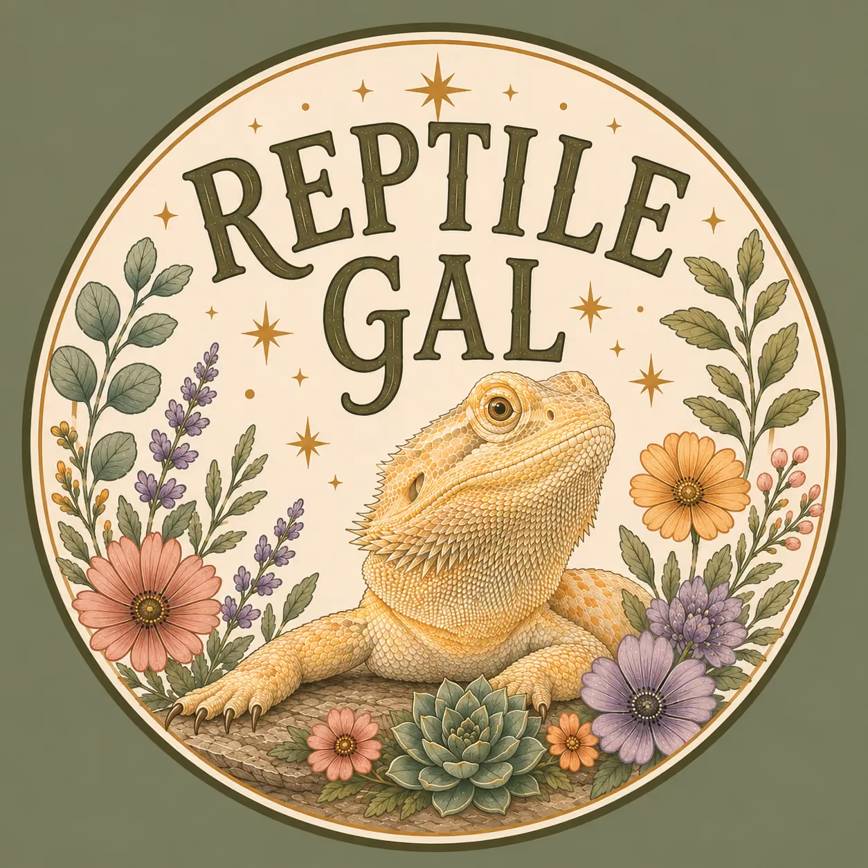 reptile gal logo featuring a citrus bearded dragon surrounded by flowers and foliage
